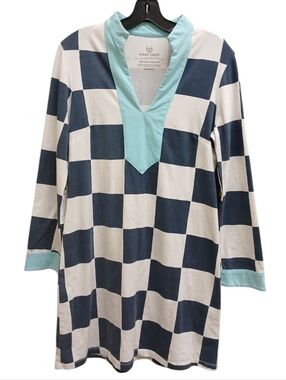 MAHI GOLD Navy and White Checker Tunic Resort Dress with Mint Trim Medium